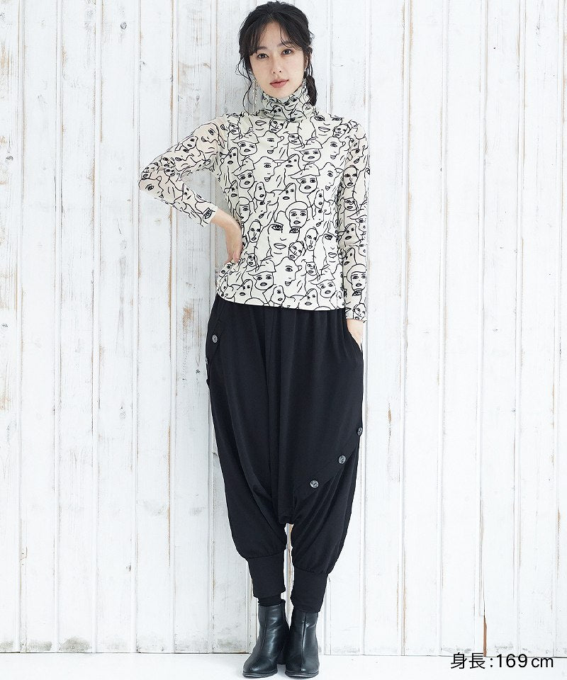 ストレッチ素材裏起毛無地飾りボタン付きサルエルパンツ koibitom｜40