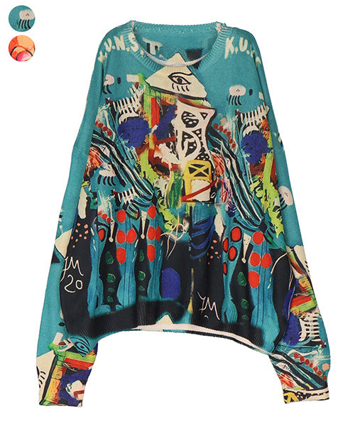 カラフルアート転写プリントニット 06-2677｜40代 50代 60代 大人の