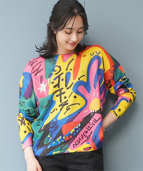 カラフルアート転写プリントニット 06-2677｜40代 50代 60代 大人の