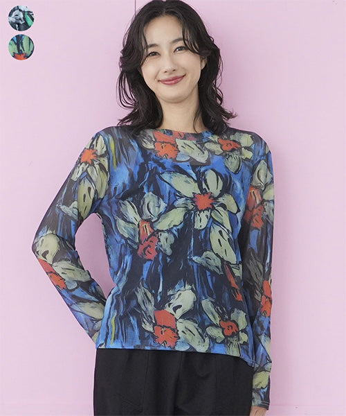 シアー花柄ストレッチメッシュ長袖カットソー 06-2700｜40代 50