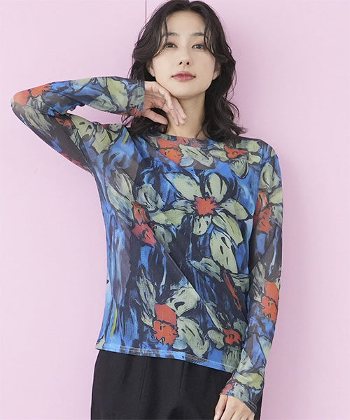 シアー花柄ストレッチメッシュ長袖カットソー 06-2700