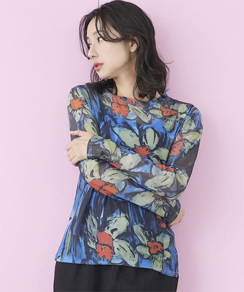 シアー花柄ストレッチメッシュ長袖カットソー 06-2700