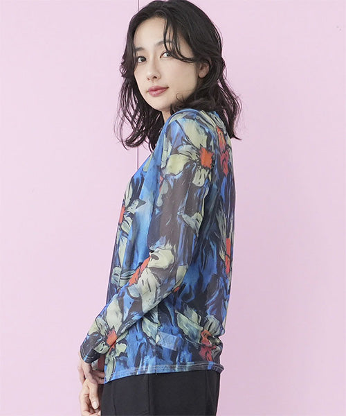 シアー花柄ストレッチメッシュ長袖カットソー 06-2700