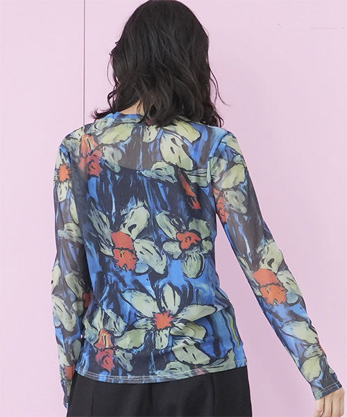 シアー花柄ストレッチメッシュ長袖カットソー 06-2700