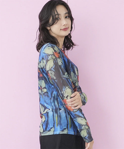 シアー花柄ストレッチメッシュ長袖カットソー 06-2700