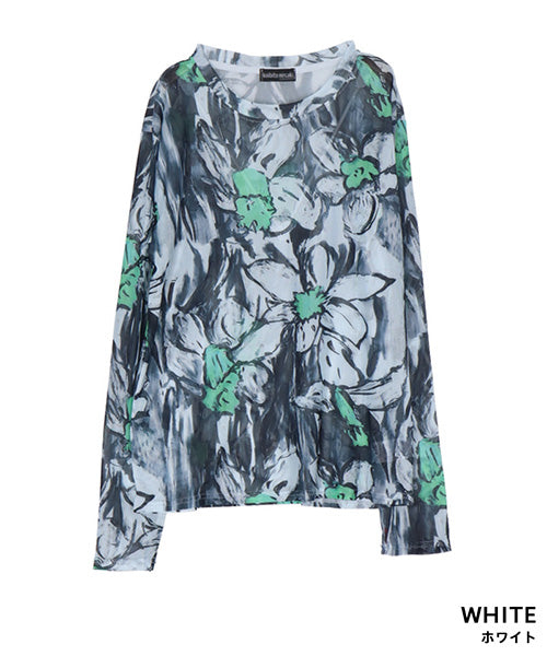 シアー花柄ストレッチメッシュ長袖カットソー 06-2700
