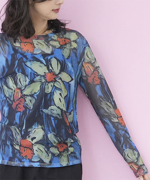 シアー花柄ストレッチメッシュ長袖カットソー 06-2700