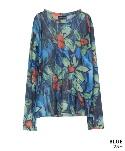 シアー花柄ストレッチメッシュ長袖カットソー 06-2700