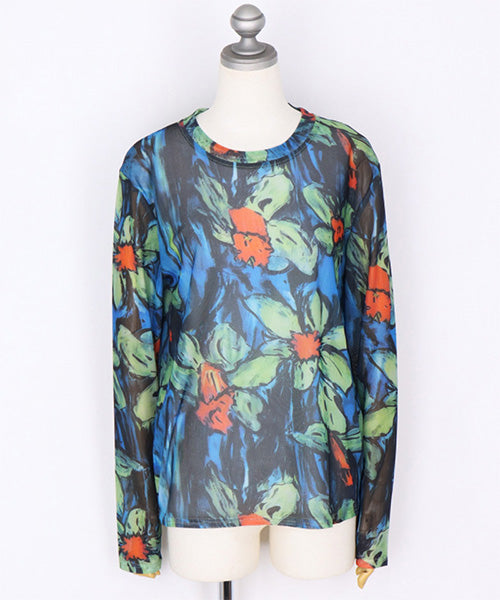 シアー花柄ストレッチメッシュ長袖カットソー 06-2700