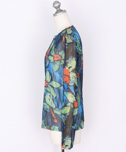 シアー花柄ストレッチメッシュ長袖カットソー 06-2700