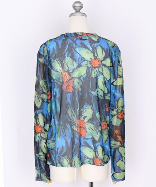 シアー花柄ストレッチメッシュ長袖カットソー 06-2700