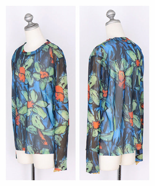 シアー花柄ストレッチメッシュ長袖カットソー 06-2700