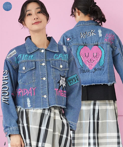 アート刺繍ダメージ加工ショート丈デニムジャケット