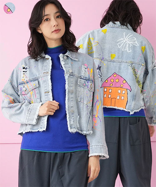 切りっぱなしダメージ加工イラストペイントデニムジャケット