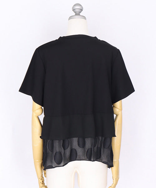 無地×ドット柄異素材フリルドッキングデザイン半袖Tシャツカットソー 06-2762