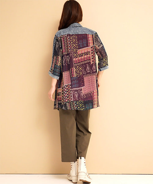 シアーシフォン×デニム7分袖前開きシャツブラウス 06-2791