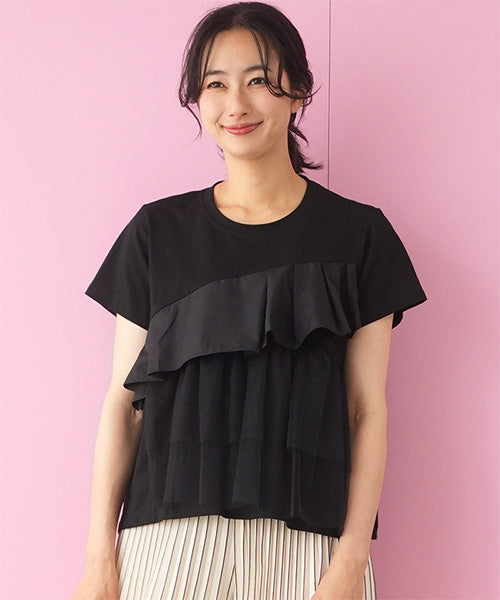 フリルチュールドッキング半袖Tシャツカットソー 06-2814