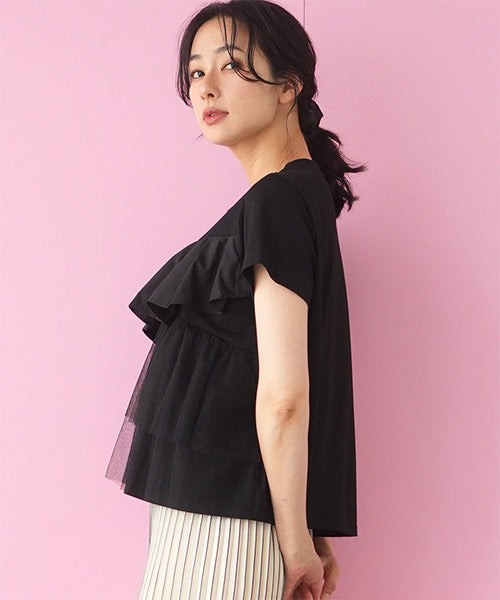フリルチュールドッキング半袖Tシャツカットソー 06-2814