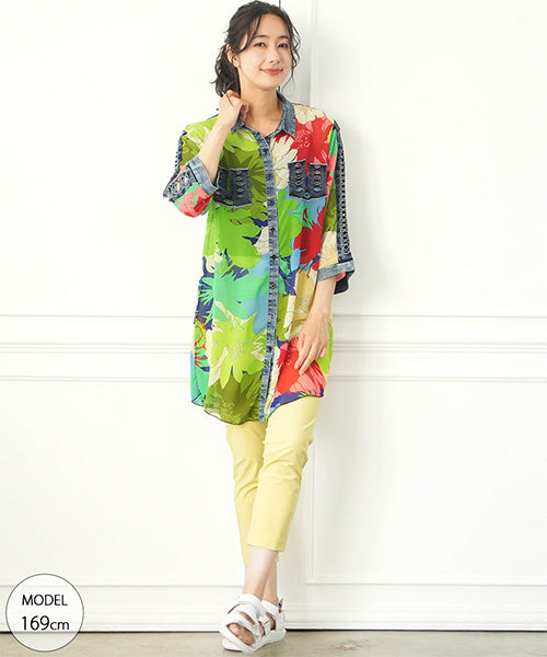 シアーシフォンデニム切替7分袖ロングシャツブラウス 06-2816