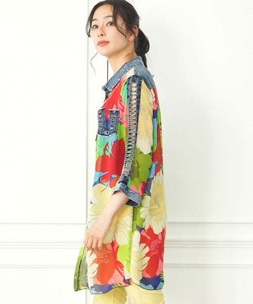 シアーシフォンデニム切替7分袖ロングシャツブラウス 06-2816