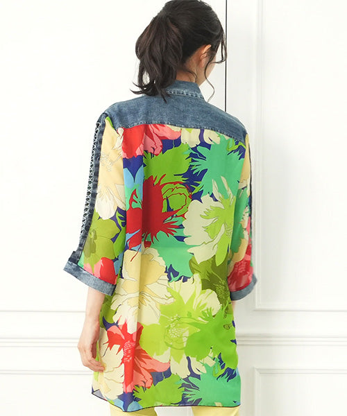 シアーシフォンデニム切替7分袖ロングシャツブラウス 06-2816