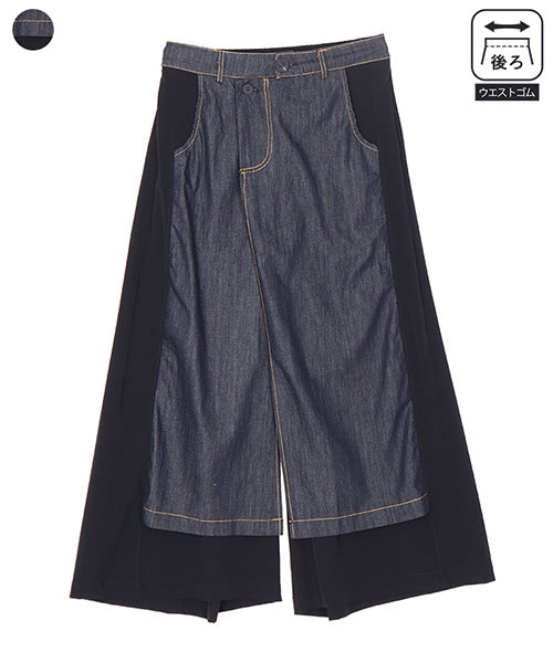 後ろウエストゴムデニム切替スリットワイドパンツ 06-2831