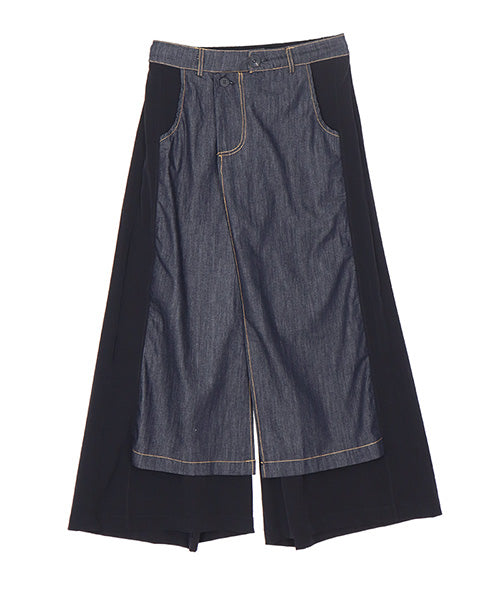 後ろウエストゴムデニム切替スリットワイドパンツ 06-2831