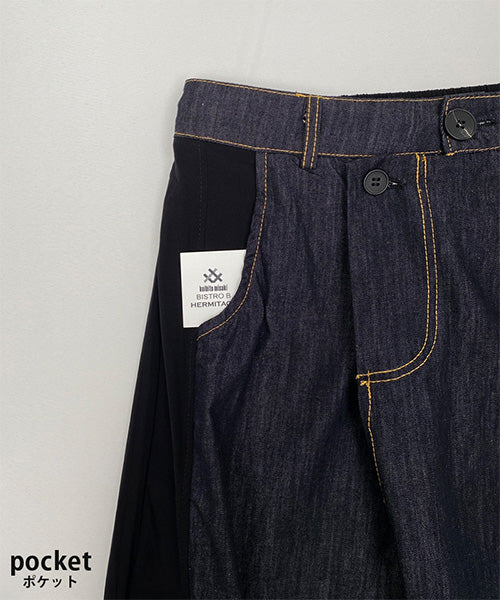 後ろウエストゴムデニム切替スリットワイドパンツ 06-2831