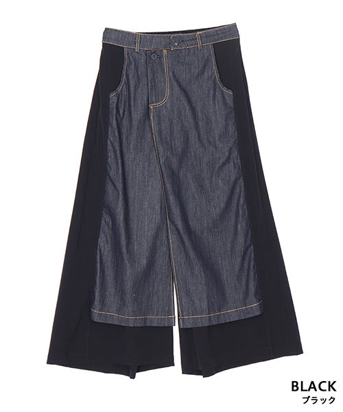 後ろウエストゴムデニム切替スリットワイドパンツ 06-2831