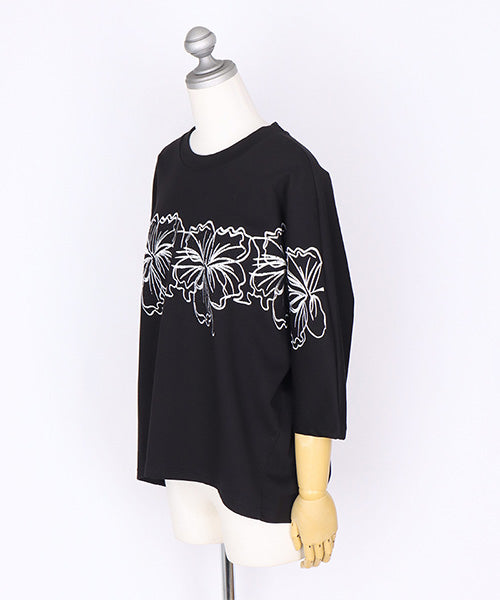 フラワー刺繍ラインストーン使い7分袖ワイドカットソー 06-2881