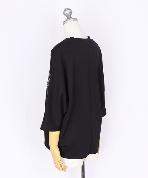 フラワー刺繍ラインストーン使い7分袖ワイドカットソー 06-2881