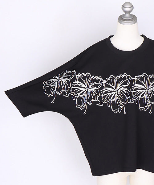 フラワー刺繍ラインストーン使い7分袖ワイドカットソー 06-2881