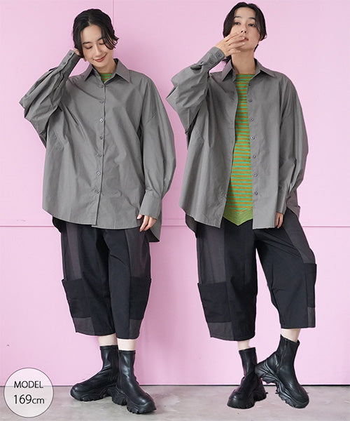 綿100％カーブ切替ワイドシルエットミディアム丈ブラウス 06-2888