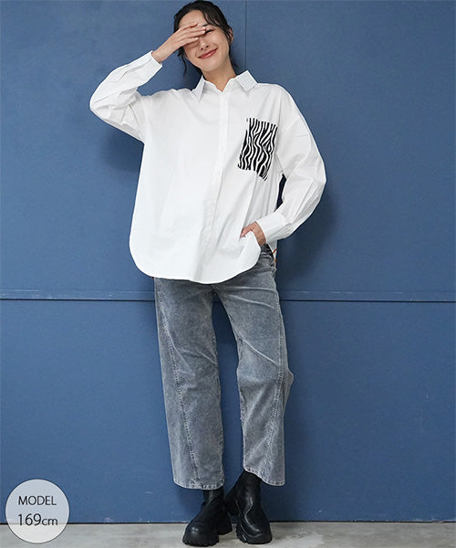 綿100％ゼブラ柄アニマル刺繍長袖シャツブラウス 06-2892｜40代 50代