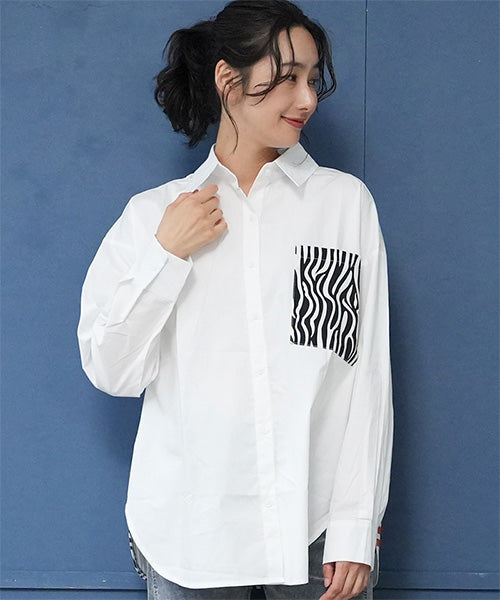 綿100％ゼブラ柄アニマル刺繍長袖シャツブラウス 06-2892