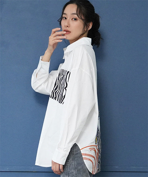 綿100％ゼブラ柄アニマル刺繍長袖シャツブラウス 06-2892