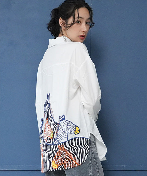 綿100％ゼブラ柄アニマル刺繍長袖シャツブラウス 06-2892
