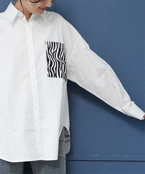 綿100％ゼブラ柄アニマル刺繍長袖シャツブラウス 06-2892