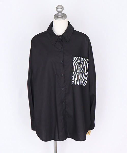 綿100％ゼブラ柄アニマル刺繍長袖シャツブラウス 06-2892