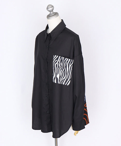 綿100％ゼブラ柄アニマル刺繍長袖シャツブラウス 06-2892