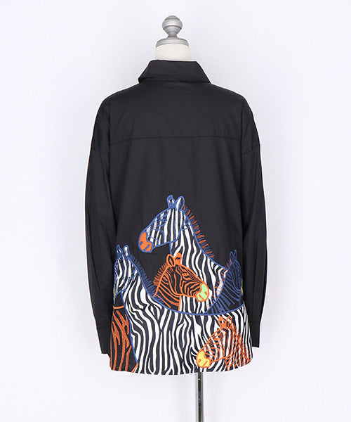 綿100％ゼブラ柄アニマル刺繍長袖シャツブラウス 06-2892