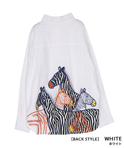 綿100％ゼブラ柄アニマル刺繍長袖シャツブラウス 06-2892