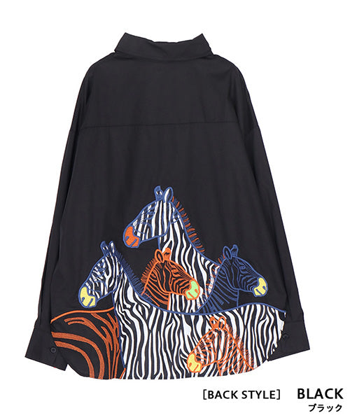 綿100％ゼブラ柄アニマル刺繍長袖シャツブラウス 06-2892
