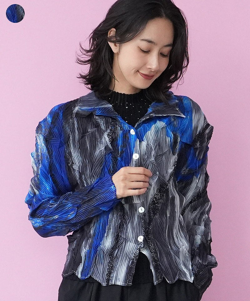 アートブラシプリントプリーツ加工シャツブラウス 06-2893
