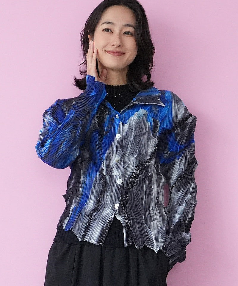 アートブラシプリントプリーツ加工シャツブラウス 06-2893｜40代 50代