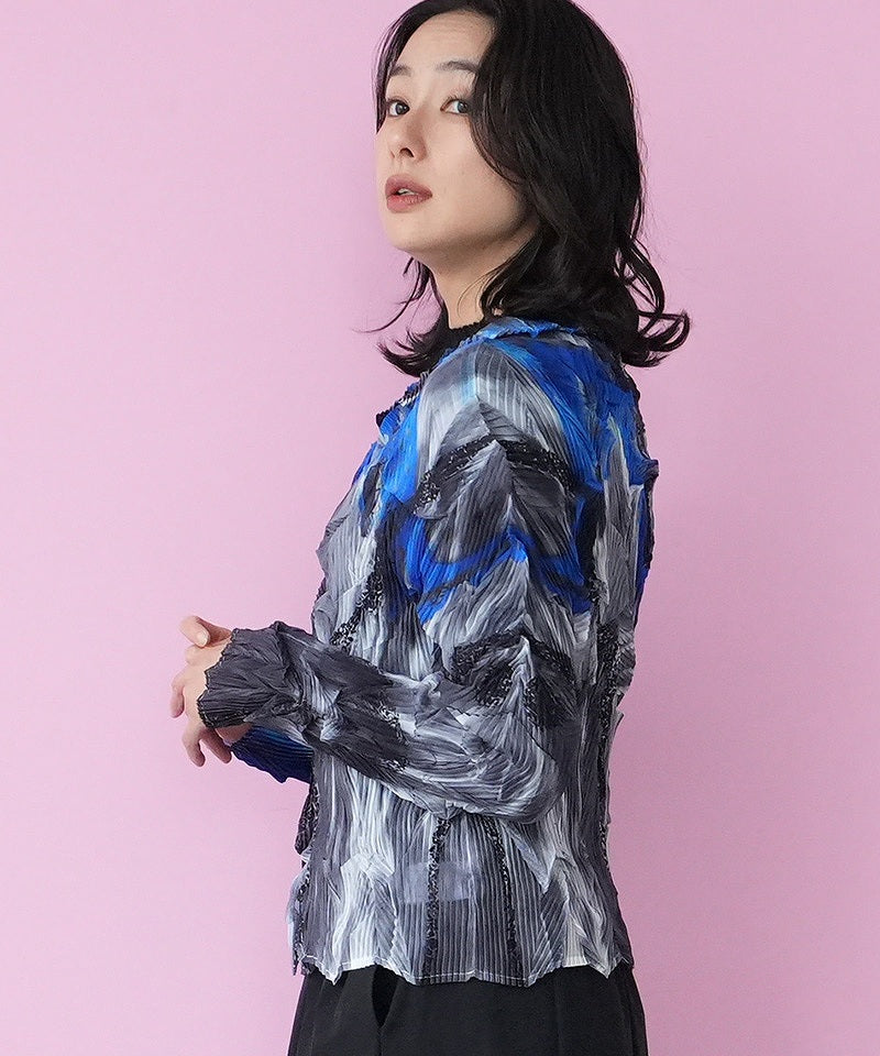 アートブラシプリントプリーツ加工シャツブラウス 06-2893