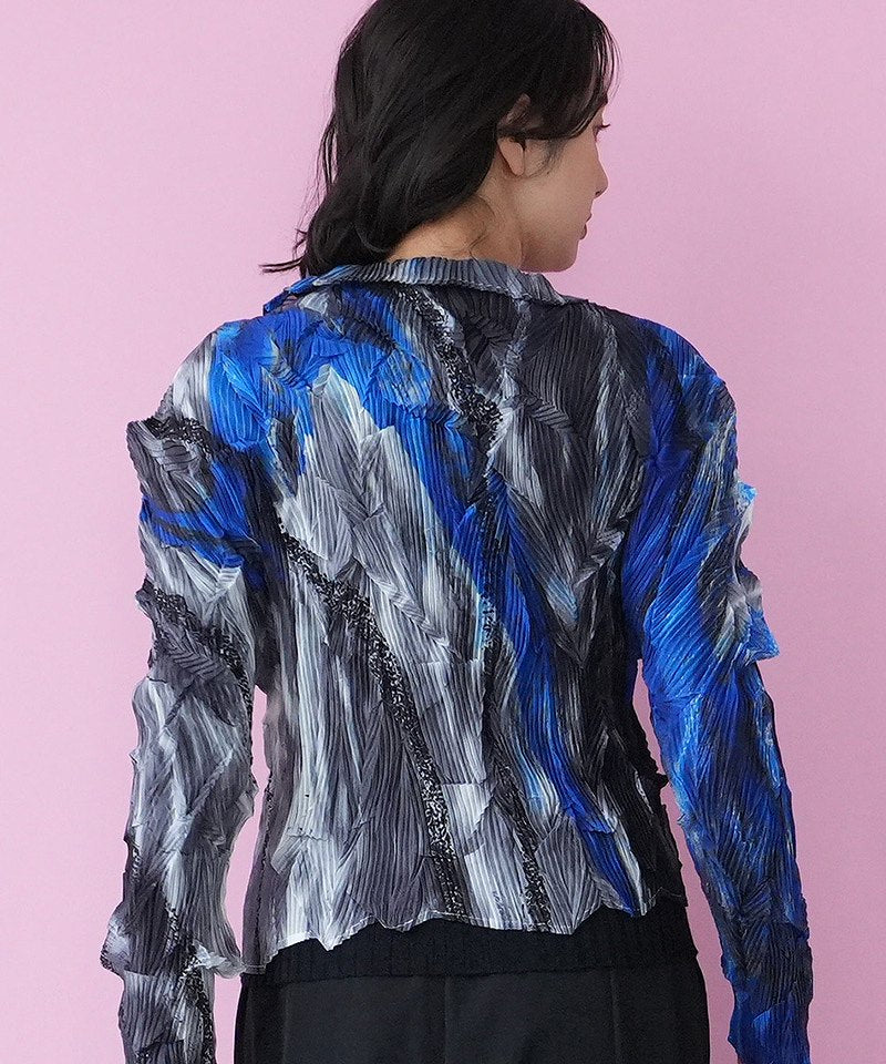 アートブラシプリントプリーツ加工シャツブラウス 06-2893