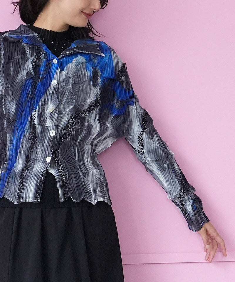 アートブラシプリントプリーツ加工シャツブラウス 06-2893