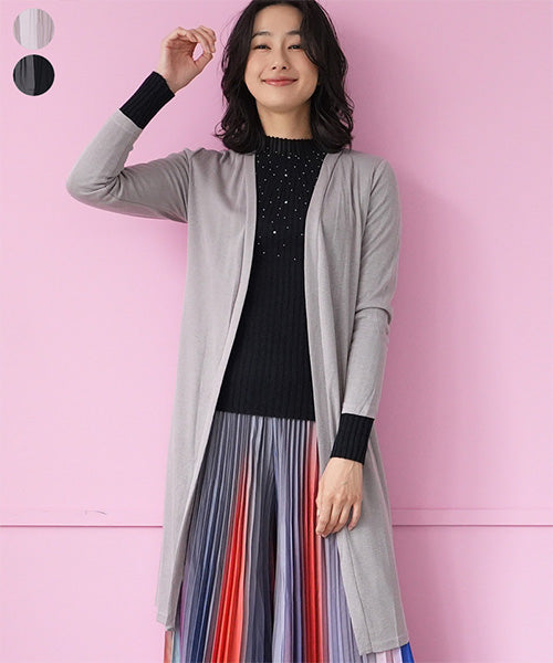 ニット×シフォン切替ロングカーディガン 06-2896