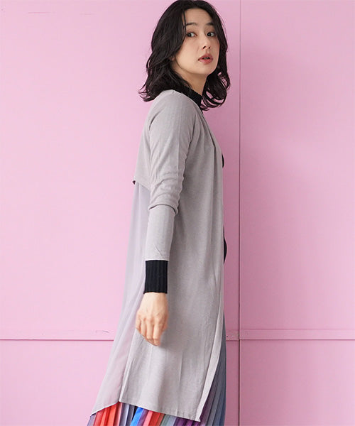 ニット×シフォン切替ロングカーディガン 06-2896